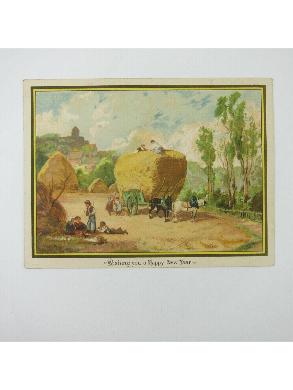 Victorian Greeting Card New Years Farm Harvest Horse Hay Wagon People Antique